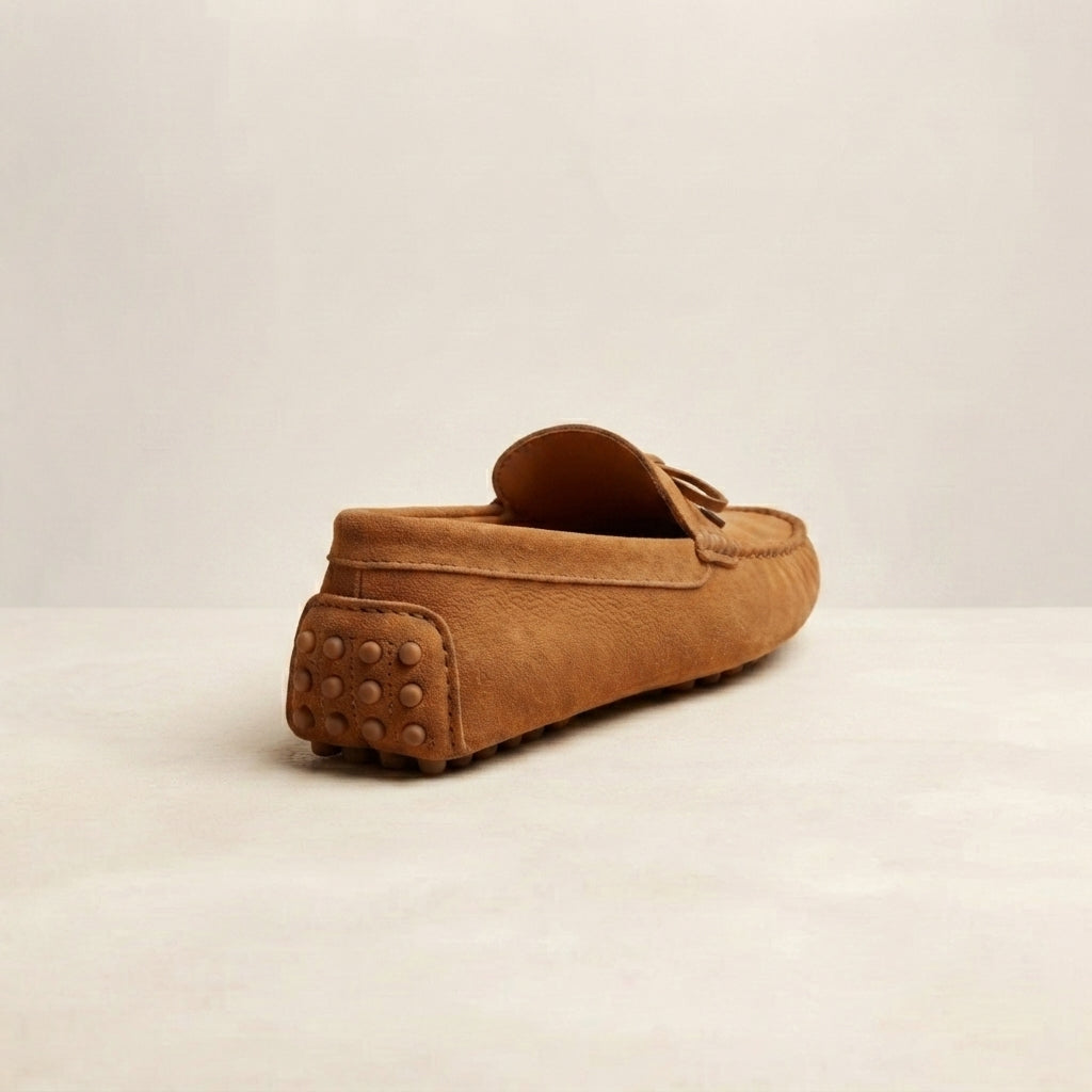 Height Increasing Tan Suede Ponente Driving Shoe with Pebble Rubber Sole - 3 Inch Hidden Heel – heel view