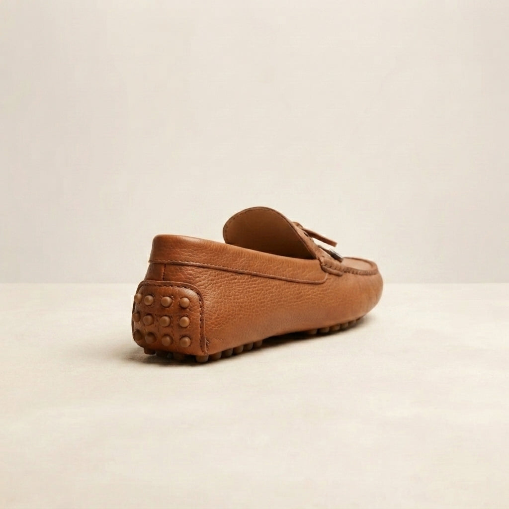 Tan Suede Ponente Driving Shoe with Pebble Rubber Sole – heel view