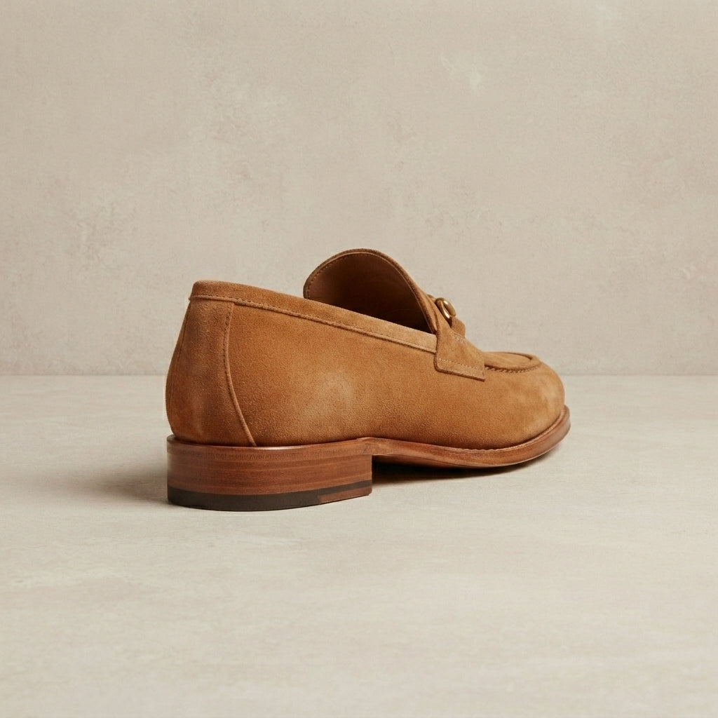 Height Increasing Tan Suede Solaro Horse Bit Loafer with Natural Leather Sole - 3 Inch Hidden Heel – heel view