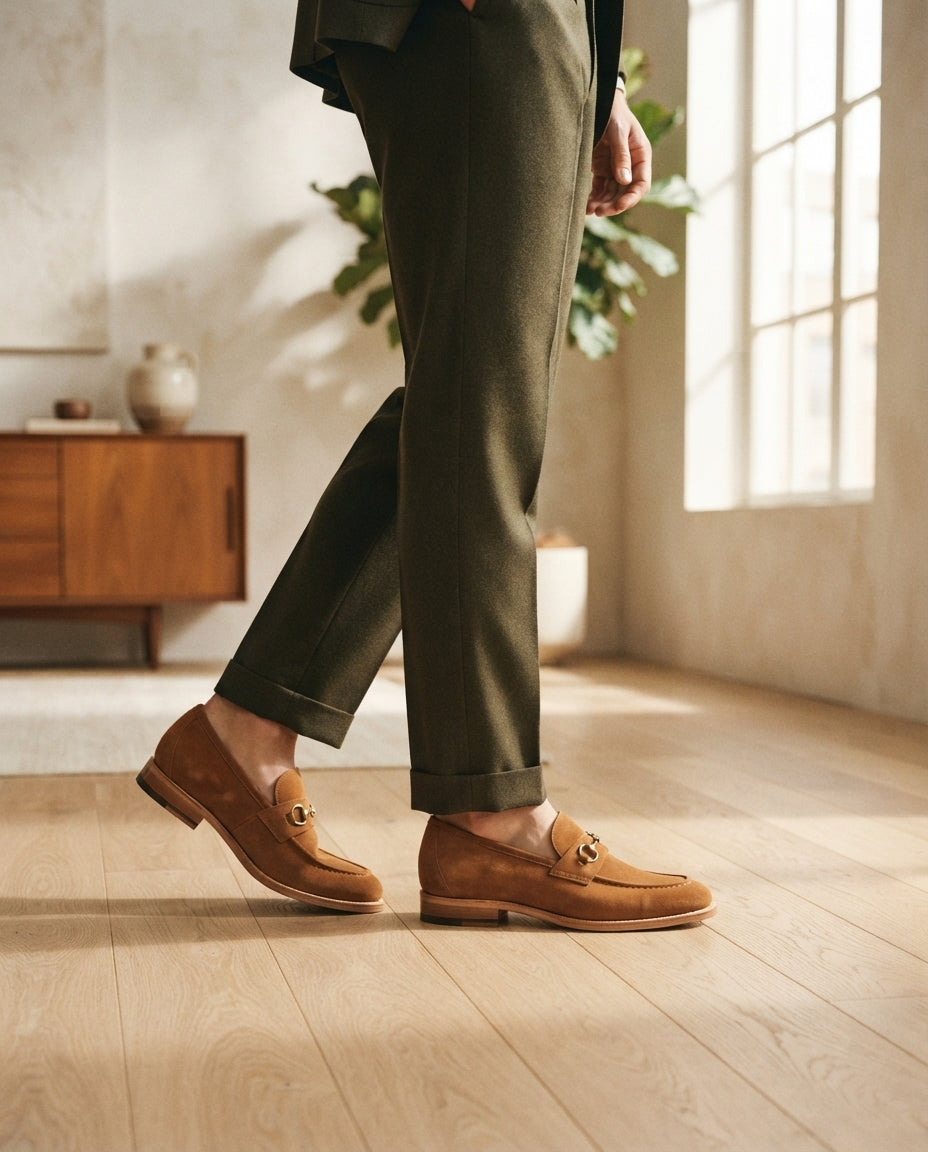Height Increasing Tan Suede Solaro Horse Bit Loafer with Natural Leather Sole - 3 Inch Hidden Heel – lifestyle