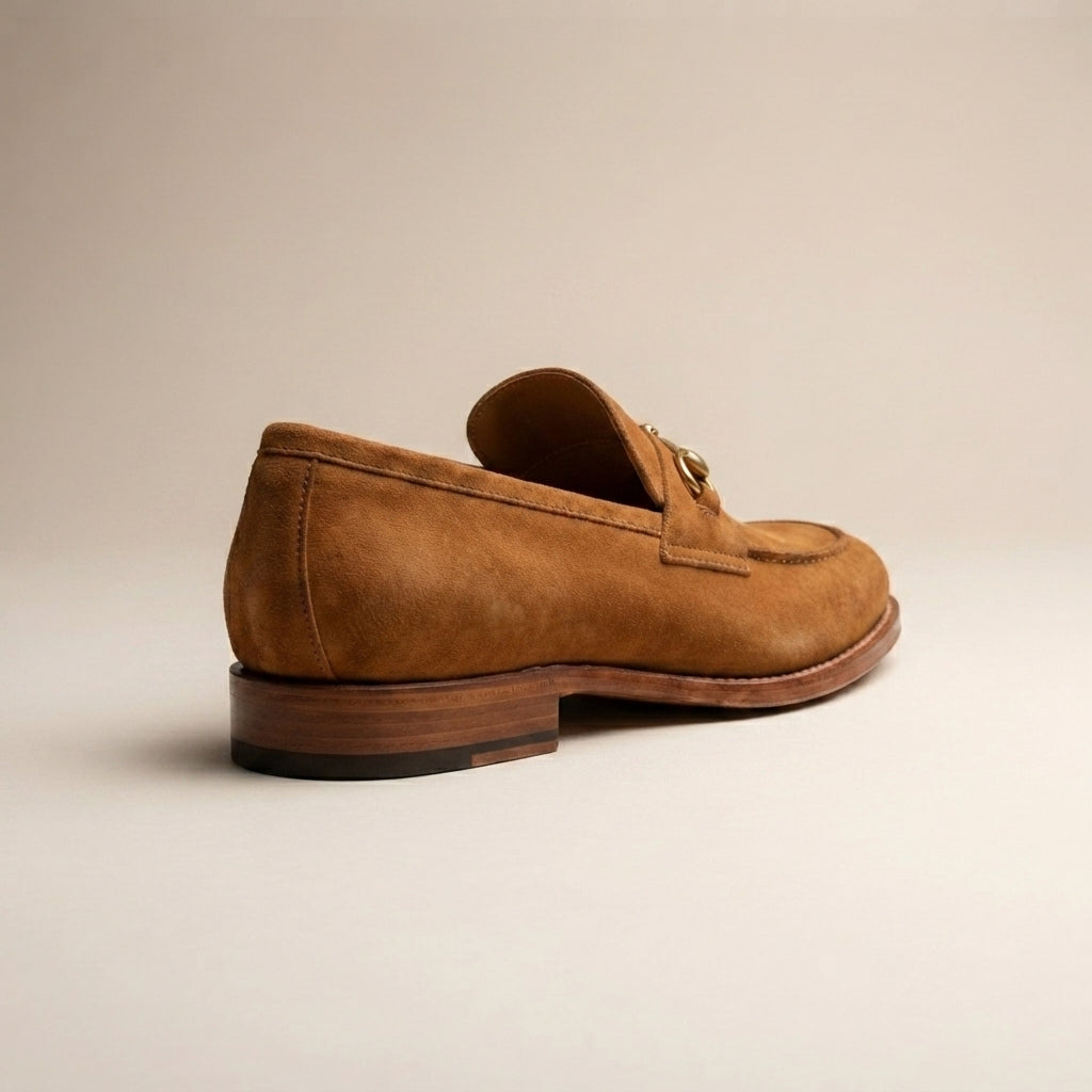 Tan Suede Solaro Horse Bit Loafer with Natural Leather Sole – heel view