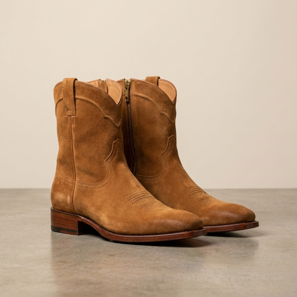 Tan Suede Burrasca Zipper Cowboy Boot with Natural Leather Sole